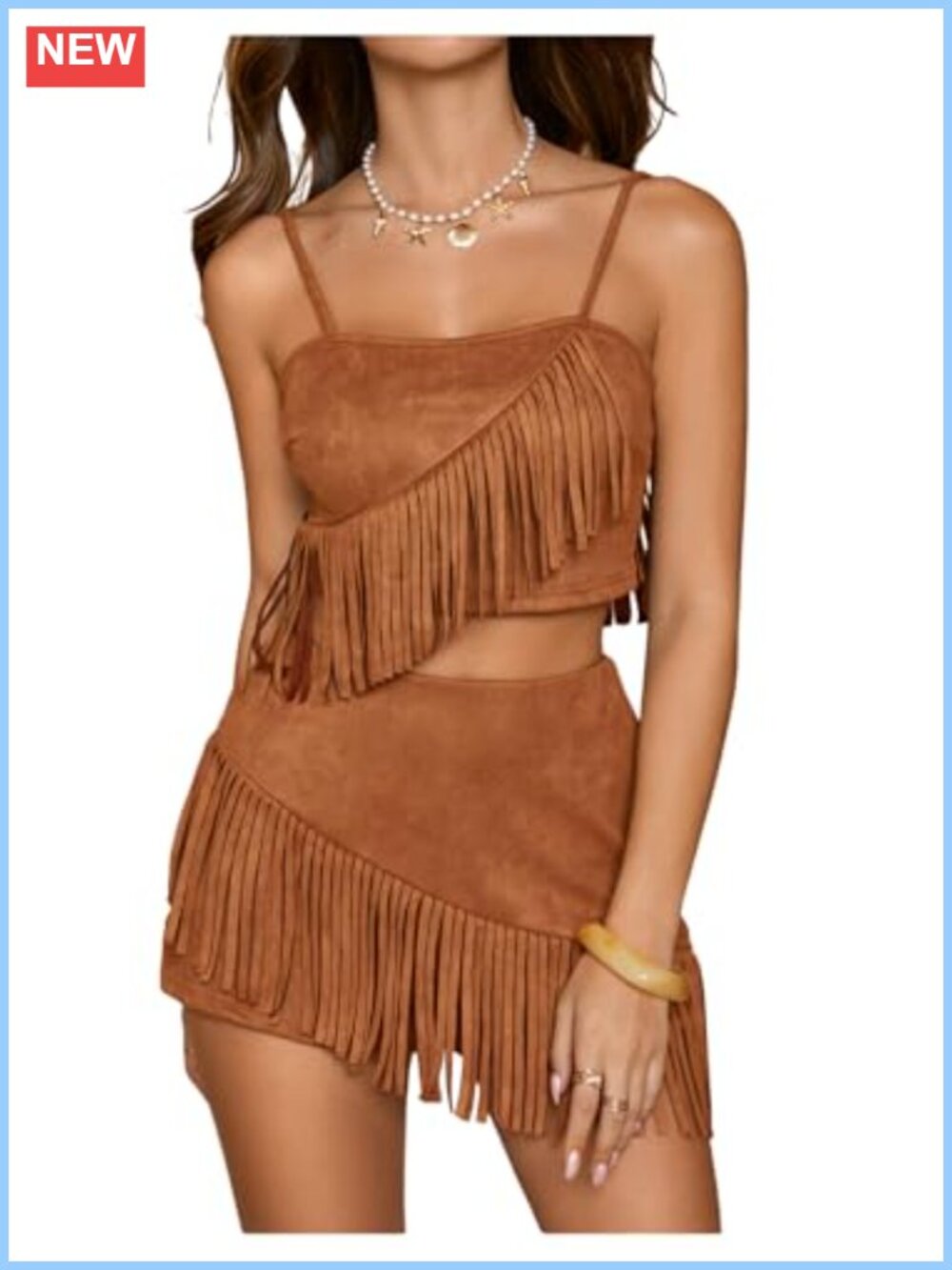 Women's 2 Piece Suede Fringe Top and Shorts Set Cowgirl Outfit